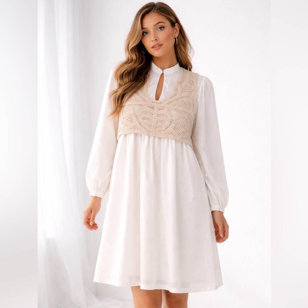 Anniewear White Cotton Boho Crochet Lace Tunic Dress Size M (1259)